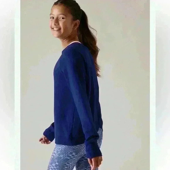 Athleta Girl Cross Your Fingers Sweatshirt Royal blue Pullover Crewneck Large 12 - Picture 2 of 8